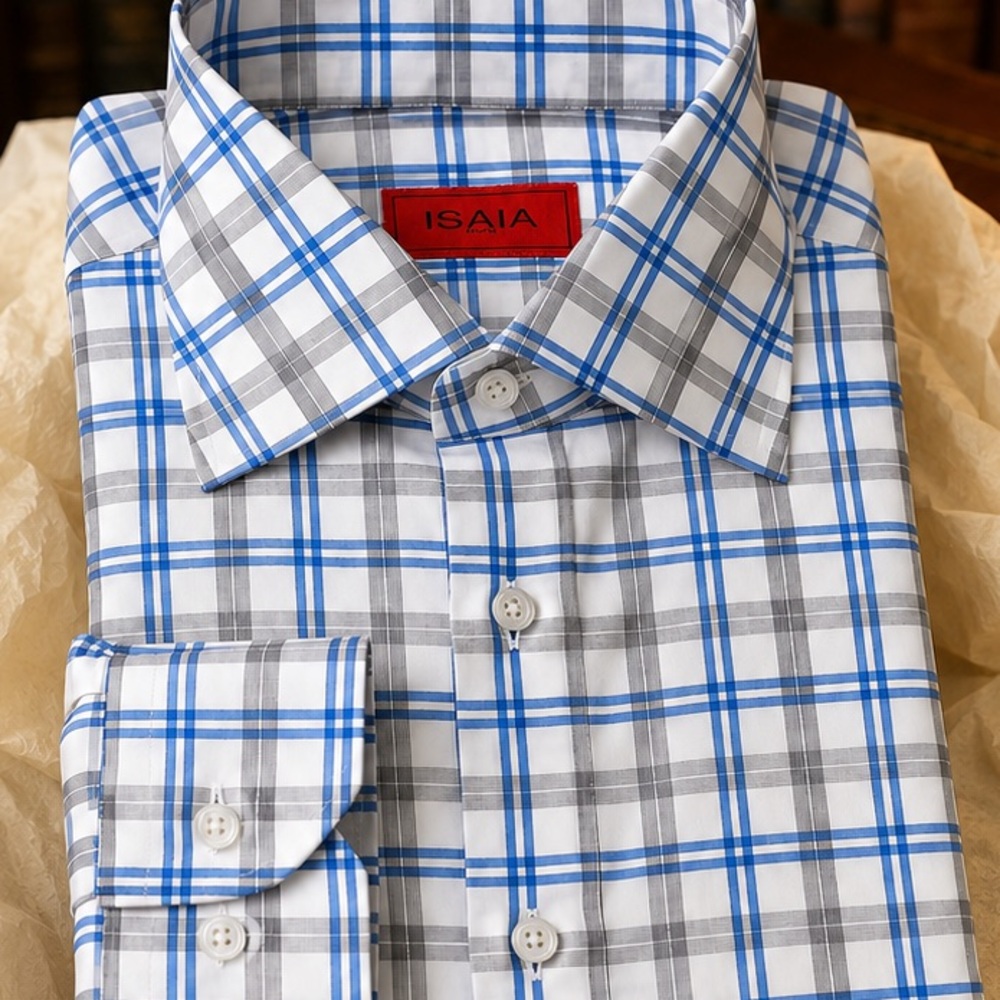 Isaia White, Blue & Gray Plaid Dress Shirt